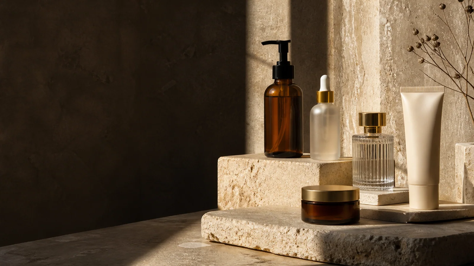 Unbranded premium beauty packaging arranged on warm travertine