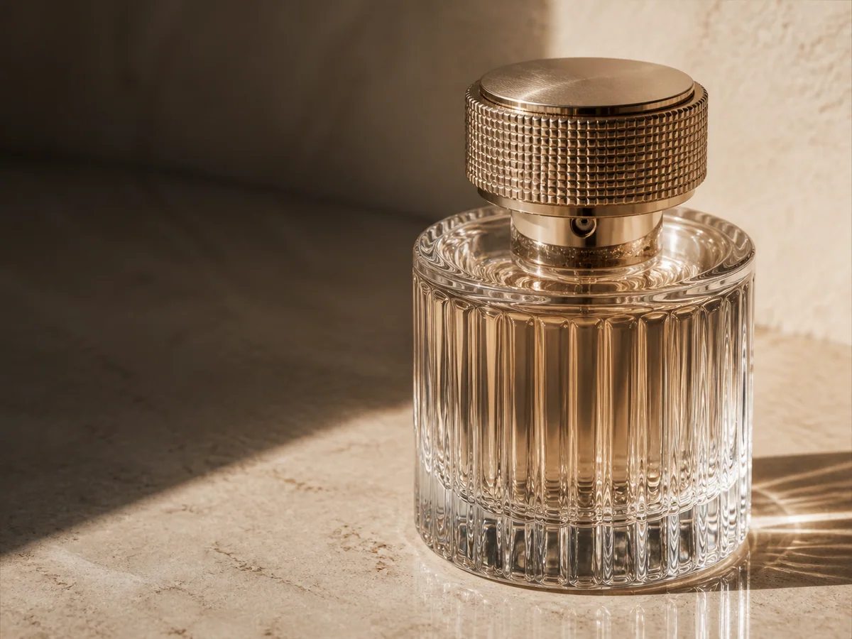 Fluted clear perfume bottle with a precision champagne-metal cap