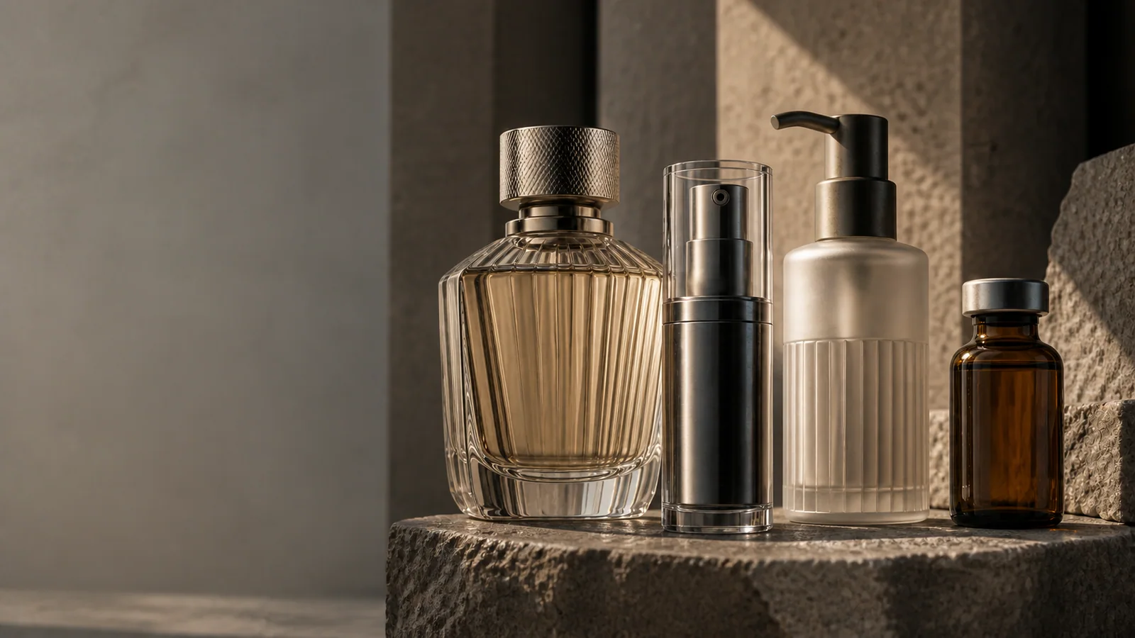 Perfume, cosmetic, hygiene and pharmaceutical packaging arranged on stone