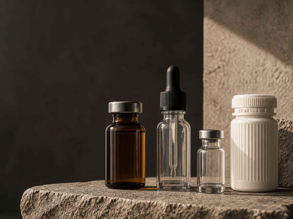 Amber and clear pharmaceutical vials, dropper and child-resistant bottle